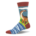 Crew sock featuring a brown Brontosaurus, green hills, blue sky, white clouds, blue river foot pattern, and rust-red toes.