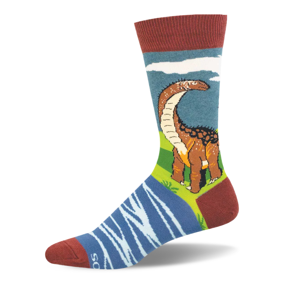 Crew sock featuring a brown Brontosaurus, green hills, blue sky, white clouds, blue river foot pattern, and rust-red toes.