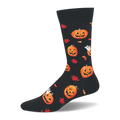 Black crew socks patterned with smiling orange jack-o'-lanterns, small white ghosts, red autumn leaves, and a solid cuff.