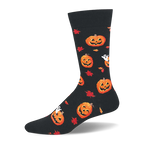 Black crew socks patterned with smiling orange jack-o'-lanterns, small white ghosts, red autumn leaves, and a solid cuff.