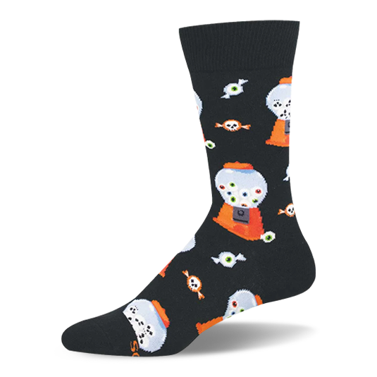 Black crew sock with a pixelated 8-bit pattern of orange gumball machines filled with eyeballs and scattered wrapped candies.