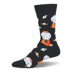 Black crew sock with a pixelated 8-bit pattern of orange gumball machines filled with eyeballs and scattered wrapped candies.