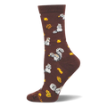 Brown crew socks featuring a repeating pattern of gray and white squirrels, yellow acorns, and orange oak leaves.