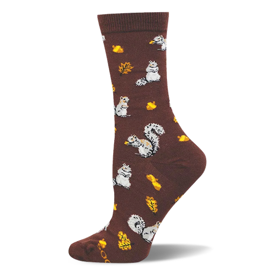Brown crew socks featuring a repeating pattern of gray and white squirrels, yellow acorns, and orange oak leaves.