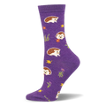 Purple crew sock featuring a pattern of brown hedgehogs, yellow autumn leaves, green ferns, and purple woodland flowers.