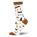 Cream bamboo sock with rust cuff, heel, and toe. Pattern shows black cat silhouettes, yellow flowers, and orange mushrooms.