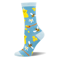 Light blue bamboo socks with a pattern of yellow honey bear bottles, flying bees, honeycombs, and wooden spoons.