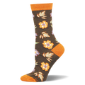 Dark brown crew sock with orange flowers and pale autumn leaves, featuring solid orange accents on the toe and ribbed cuff.