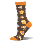 Dark brown crew sock with orange flowers and pale autumn leaves, featuring solid orange accents on the toe and ribbed cuff.
