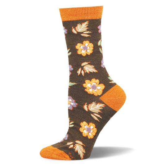 Dark brown crew sock with orange flowers and pale autumn leaves, featuring solid orange accents on the toe and ribbed cuff.