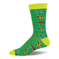 Green crew sock patterned with red and yellow poison dart frogs, finished with bright neon yellow-green accents on the ends.
