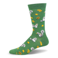 Forest green bamboo crew sock featuring gray squirrels, yellow acorns, oak leaves, and a solid green cuff.
