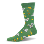 Forest green bamboo crew sock featuring gray squirrels, yellow acorns, oak leaves, and a solid green cuff.