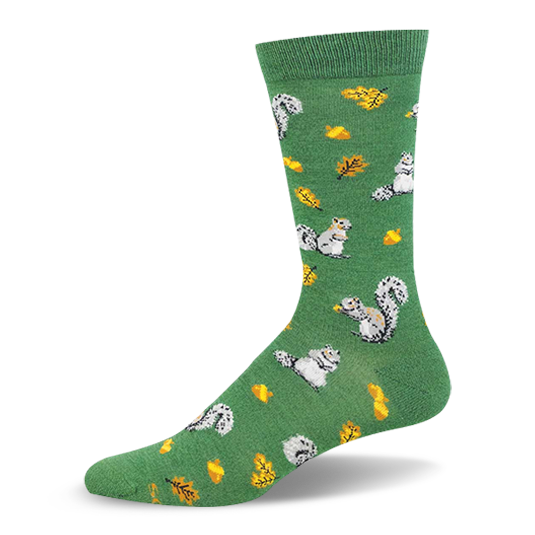 Forest green bamboo crew sock featuring gray squirrels, yellow acorns, oak leaves, and a solid green cuff.