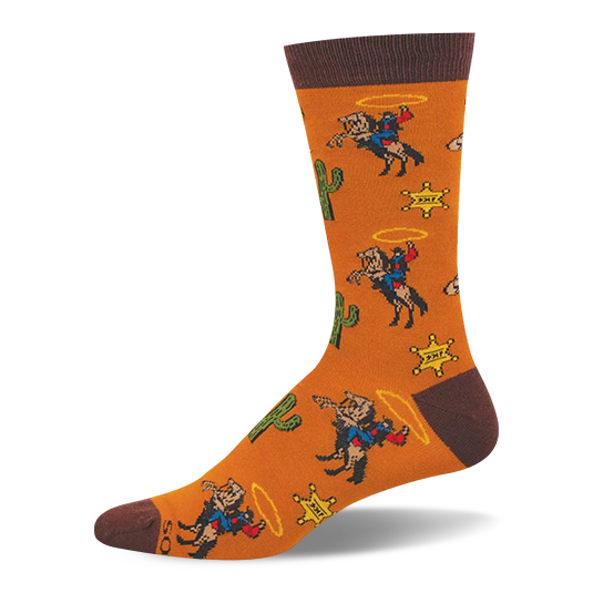 Burnt orange crew socks with dark brown trim featuring a western pattern of cowboys on bucking horses, cacti, and badges.