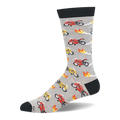 Gray crew sock showing a pattern of red and yellow sport motorcycles trailing flames, with black cuff, heel, toe, and sole.