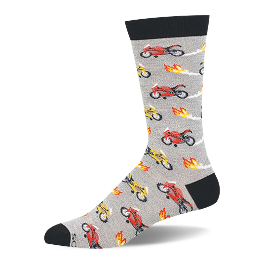 Gray crew sock showing a pattern of red and yellow sport motorcycles trailing flames, with black cuff, heel, toe, and sole.