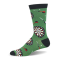 Green crew socks with a pattern of black and white dartboards, red and white darts, and solid black accents.