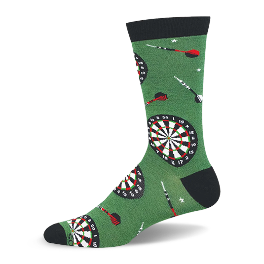 Green crew socks with a pattern of black and white dartboards, red and white darts, and solid black accents.