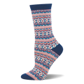 Crew sock with a Fair Isle sweater pattern featuring zig-zags and diamonds in red, light blue, and cream with navy accents.