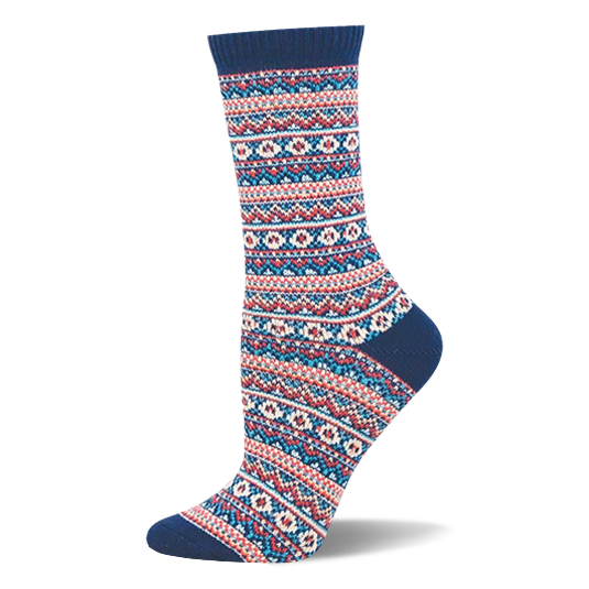 Crew sock with a Fair Isle sweater pattern featuring zig-zags and diamonds in red, light blue, and cream with navy accents.