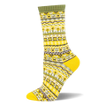 Crew sock featuring a yellow, green, and brown Fair Isle sweater pattern with small sunflowers, olive cuff, and yellow heel.