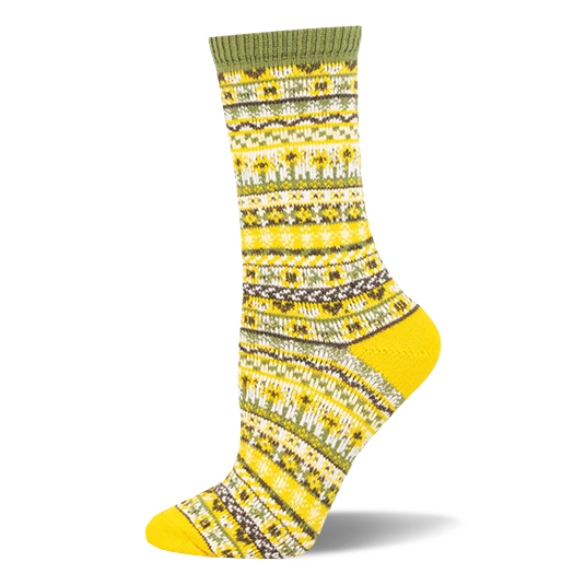 Crew sock featuring a yellow, green, and brown Fair Isle sweater pattern with small sunflowers, olive cuff, and yellow heel.