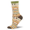 Off-white crew sock with an earthy sweater pattern showing bands of pixelated bears, foxes, owls, and green pine trees.