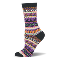 Crew sock with a Fair Isle sweater pattern in purple, orange, and white featuring black cats and witch hats.