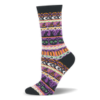 Crew sock with a Fair Isle sweater pattern in purple, orange, and white featuring black cats and witch hats.