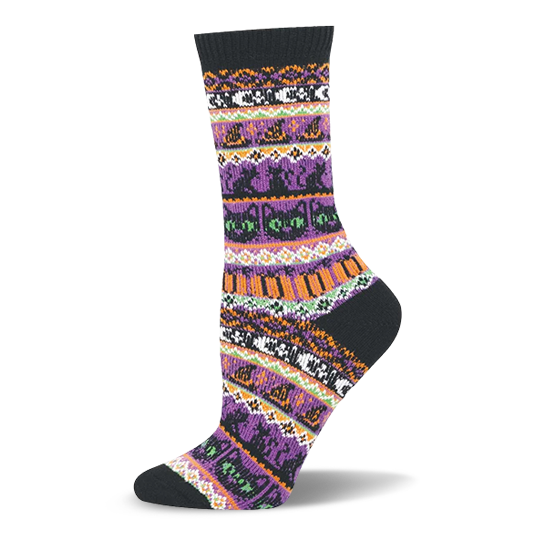 Crew sock with a Fair Isle sweater pattern in purple, orange, and white featuring black cats and witch hats.