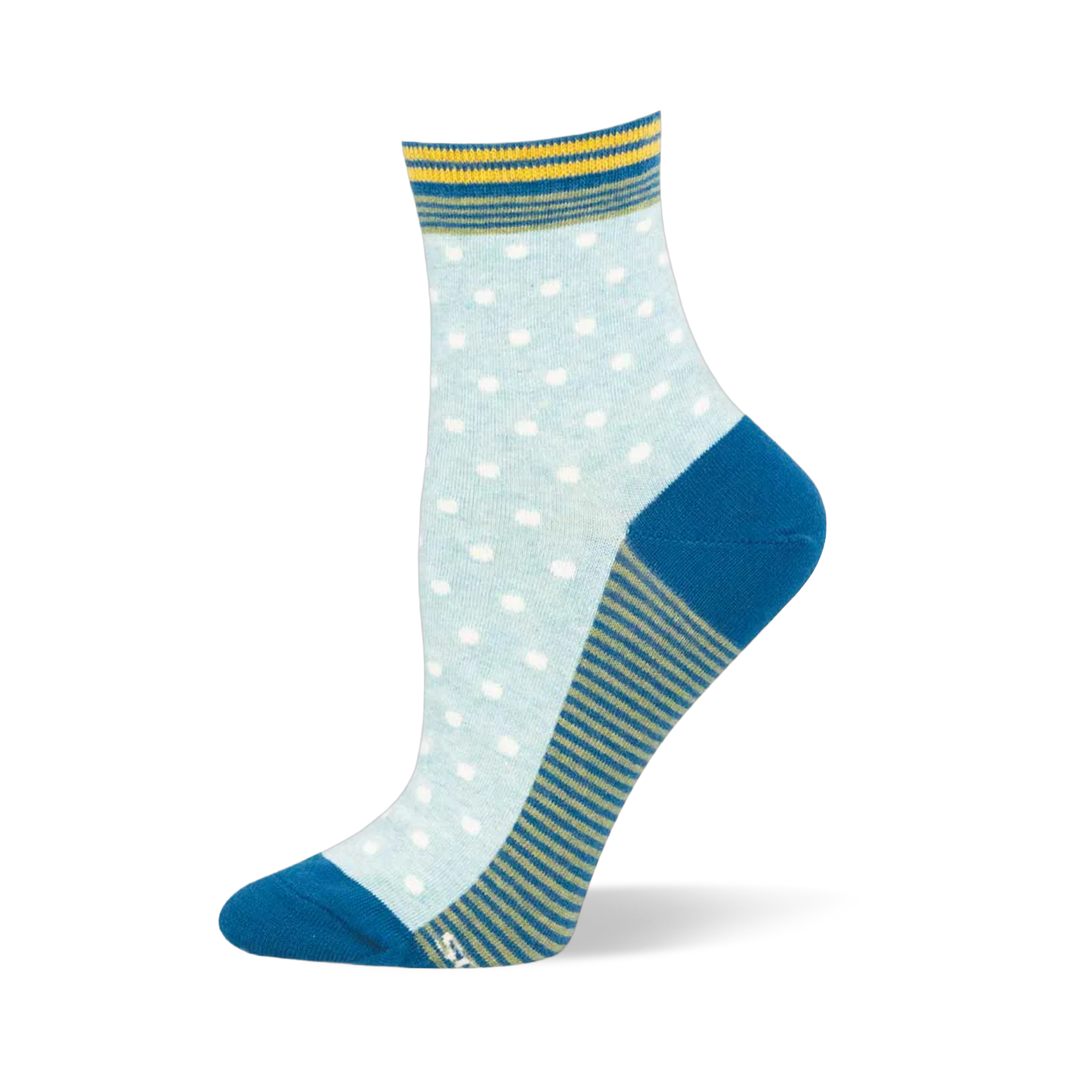 Light blue crew sock showing white pin dots, a teal solid heel and toe, a striped cuff, and a green and blue striped sole.