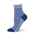 Medium blue crew sock featuring white pin dots on top and a striped sole, finished with a dark blue solid heel and toe.