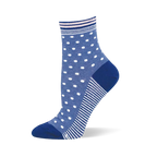 Medium blue crew sock featuring white pin dots on top and a striped sole, finished with a dark blue solid heel and toe.