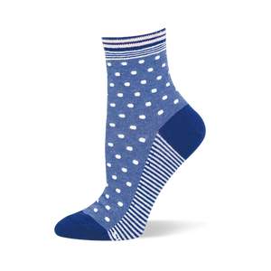 Medium blue crew sock featuring white pin dots on top and a striped sole, finished with a dark blue solid heel and toe.