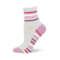 Heather grey ankle sock with mauve toe and heel caps, featuring pink, white, and plum stripes at the ankle and arch.