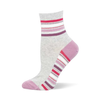 Heather grey ankle sock with mauve toe and heel caps, featuring pink, white, and plum stripes at the ankle and arch.
