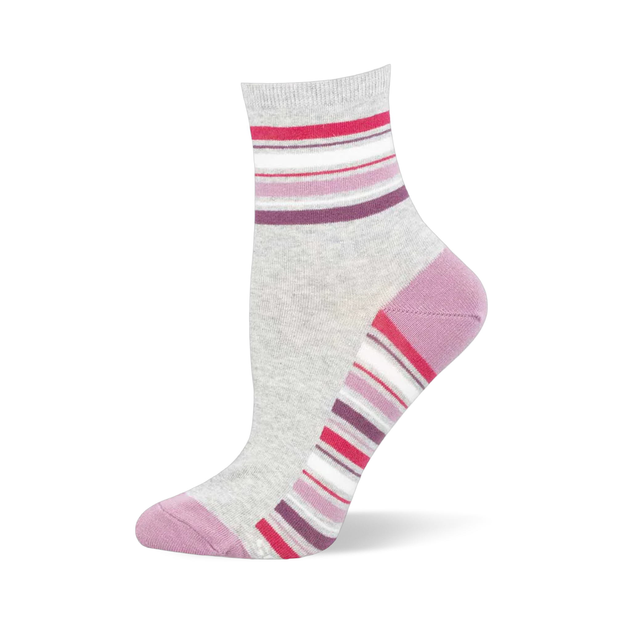 Heather grey ankle sock with mauve toe and heel caps, featuring pink, white, and plum stripes at the ankle and arch.