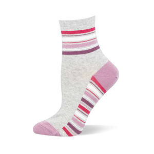 Heather grey ankle sock with mauve toe and heel caps, featuring pink, white, and plum stripes at the ankle and arch.