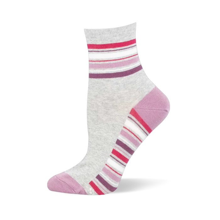 Heather grey ankle sock with mauve toe and heel caps, featuring pink, white, and plum stripes at the ankle and arch.