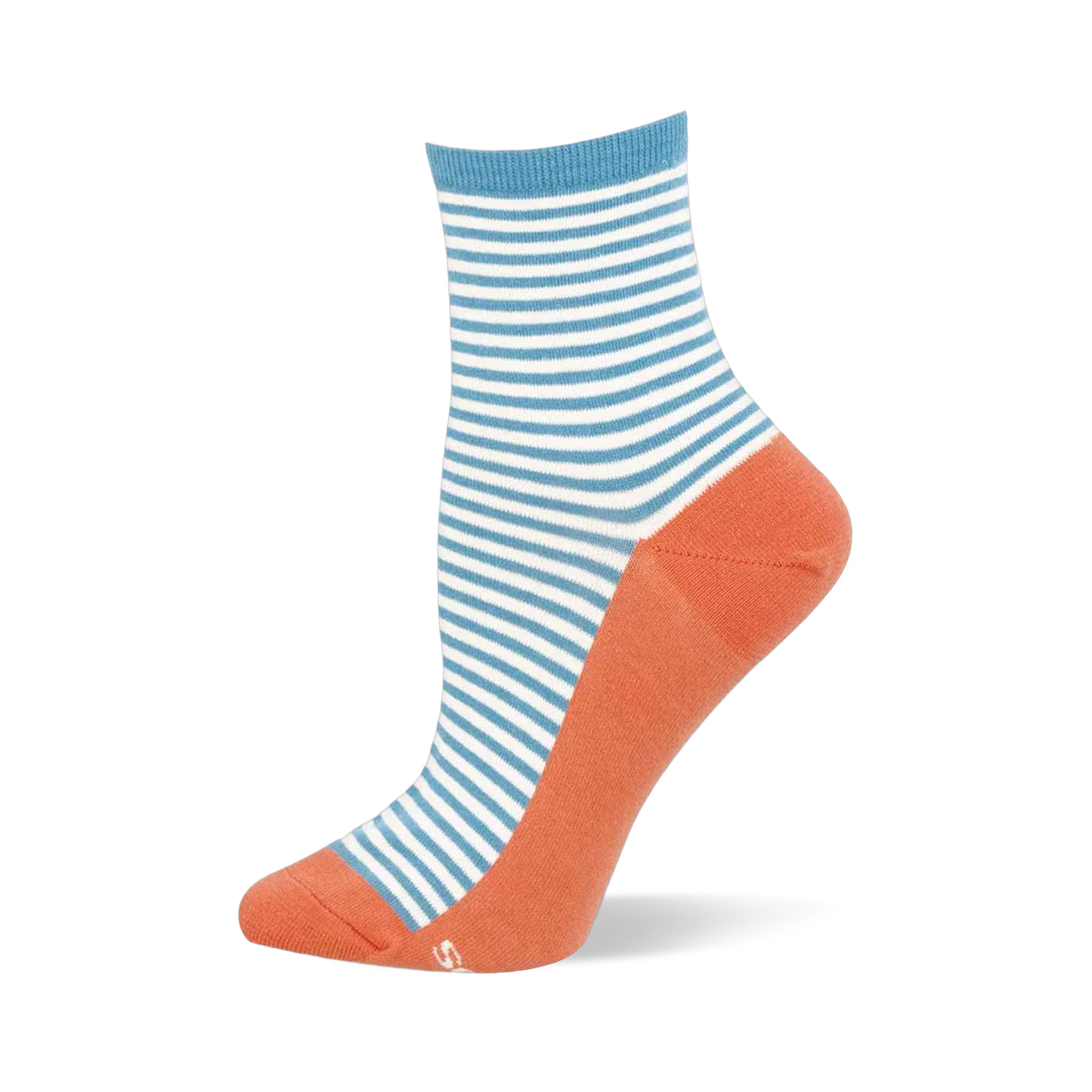 Crew sock showing light blue and white horizontal stripes, a light blue cuff, and a solid coral orange footbed.