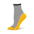 Crew sock with black and white horizontal sailor stripes, a black cuff, and a bright solid yellow footbed.
