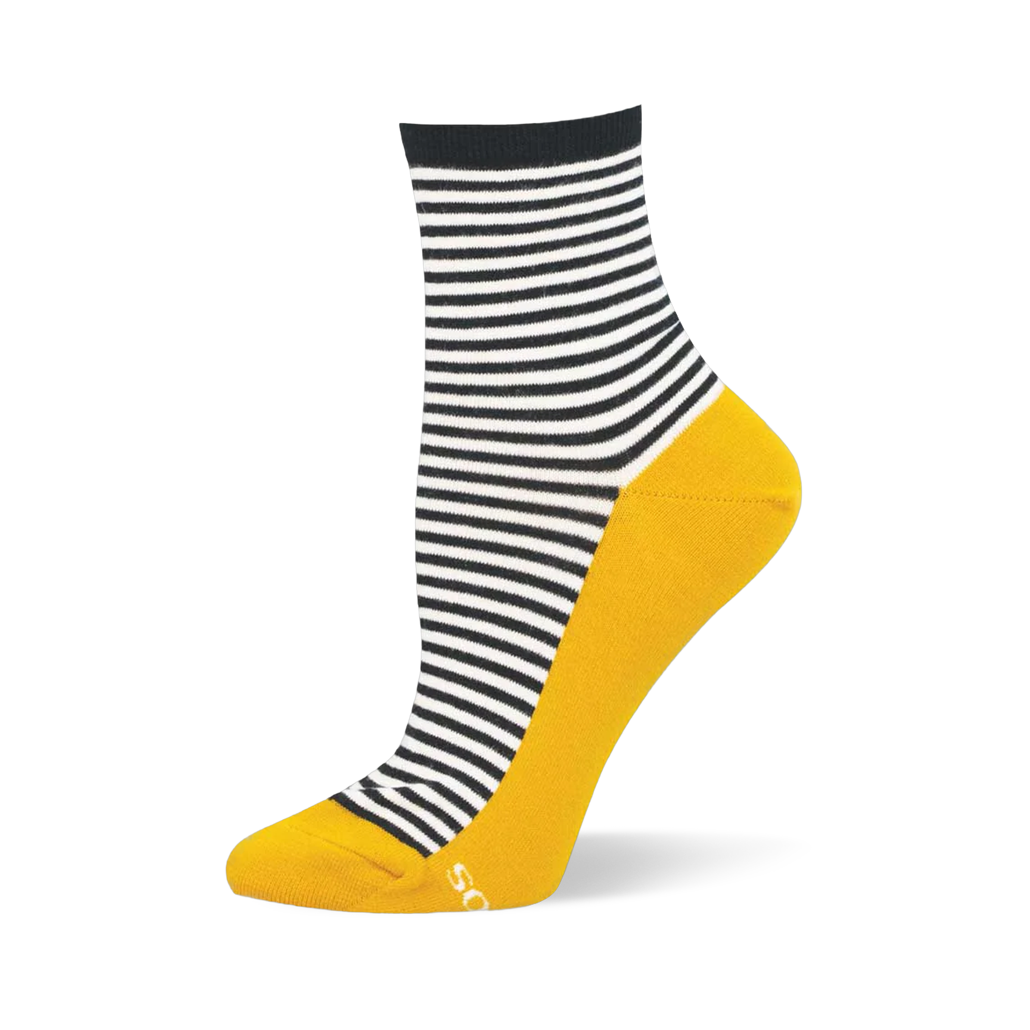 Crew sock with black and white horizontal sailor stripes, a black cuff, and a bright solid yellow footbed.