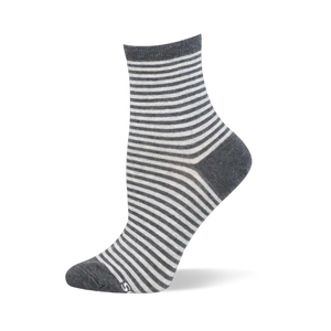 Grey and white striped ankle sock on a mannequin showing a solid grey top band alongside a matching heel and toe.
