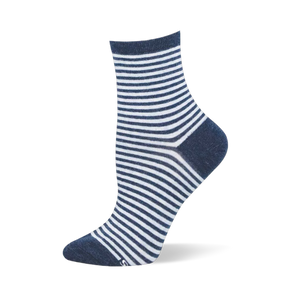 Navy blue and white horizontal stripes on an ankle length sock with solid navy blue sections at the top and bottom.