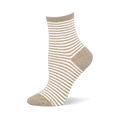 Ankle sock on a foot mannequin displaying horizontal tan and white stripes with solid tan color blocking on the heel and toe.