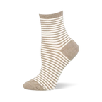 Ankle sock on a foot mannequin displaying horizontal tan and white stripes with solid tan color blocking on the heel and toe.