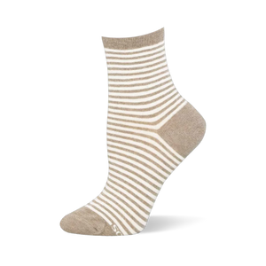 Ankle sock on a foot mannequin displaying horizontal tan and white stripes with solid tan color blocking on the heel and toe.
