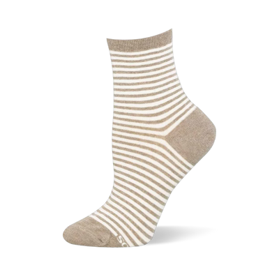 Ankle sock on a foot mannequin displaying horizontal tan and white stripes with solid tan color blocking on the heel and toe.