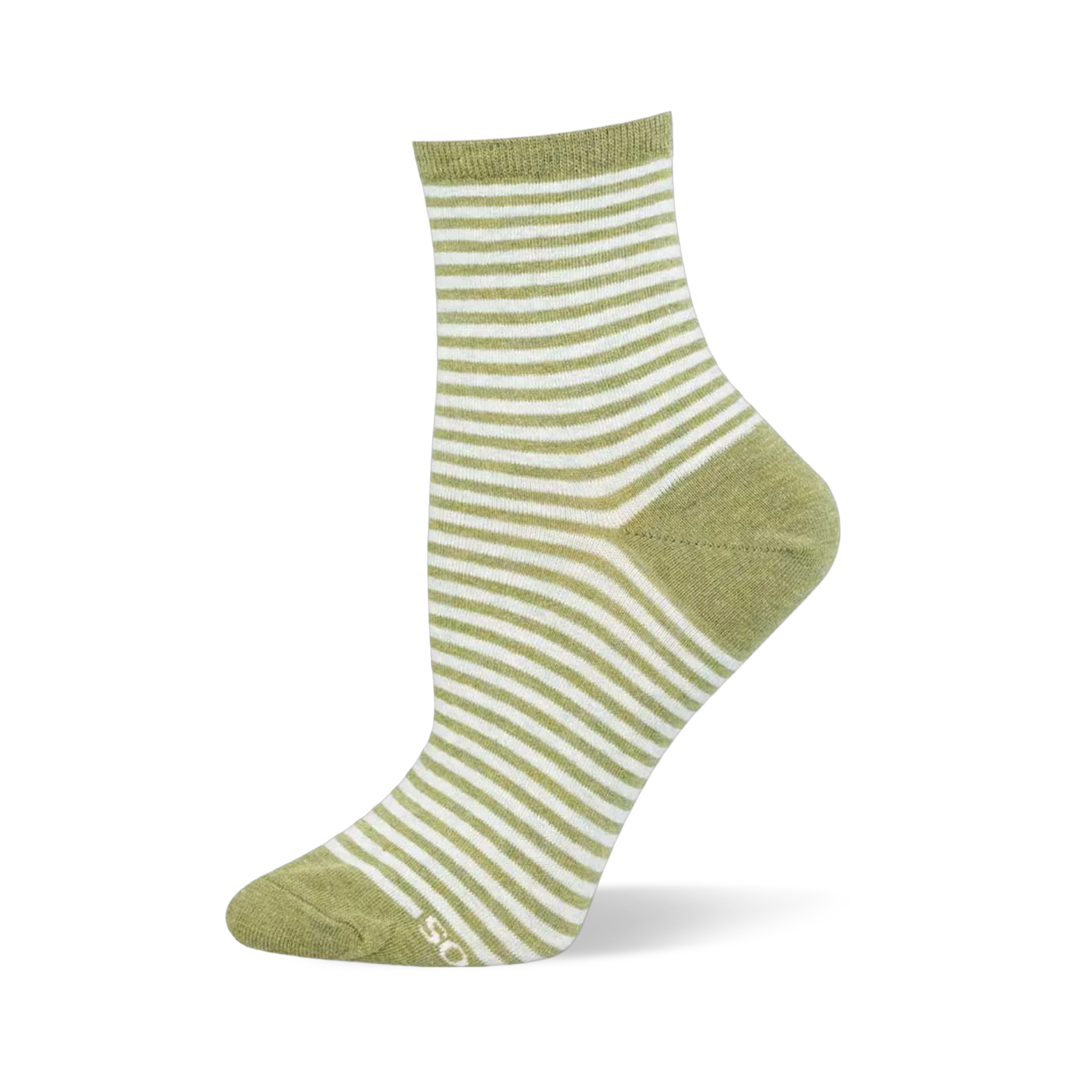 Light green and white horizontally striped ankle sock on a foot mannequin, featuring a solid green heel and toe.